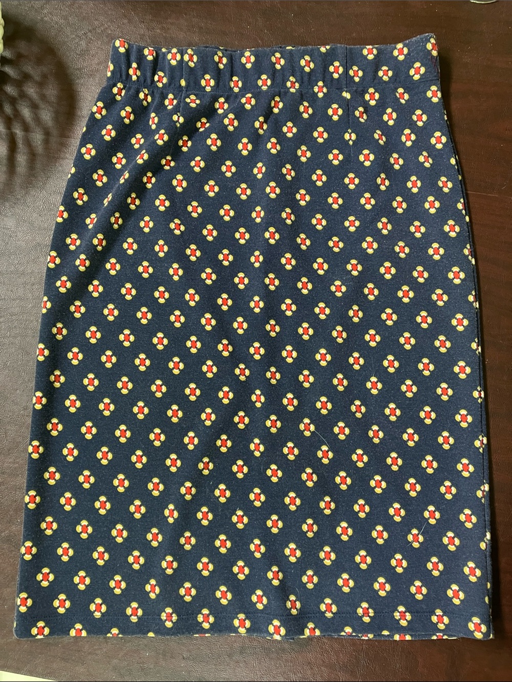 DownEast Navy Ponte Pencil Skirt with Red and Yellow Floral Motif